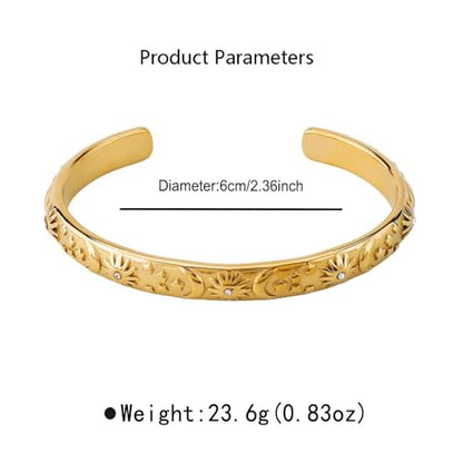 Embossed Moon Star Sun Bangle Cuff Bracelet for Women Fashion CZ Insected Celestial Open Adjustable Statement Bracelets Lightweight Boho Wrist Wrap Dress Accessories Jewelry Gift - color: Gold-Tone