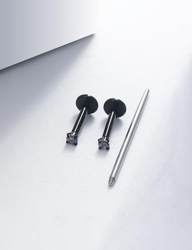 18G 16G 14G Internally Threaded Nose Rings Studs Flat Back Earrings Surgical Steel CZ Nose Rings Stud Tragus Helix Conch Cartilage Earrings Stud Piercing Jewelry For Women Men Hypoallergenic - color: Black-Rainbow CZ, size: 18 Gauge-6mm Bar-2mm CZ