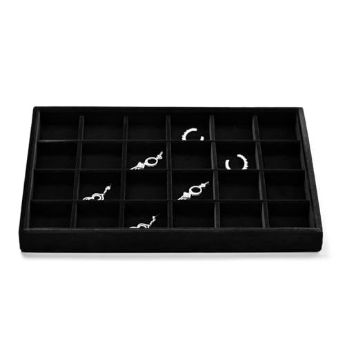 Black Velvet 24 Grid Divided Jewelry Display Organizer Tray | Soft black velvet 24-grid divided tray with sturdy base, stackable storage for small jewelry, home vanity & retail display - size: 24 Grid