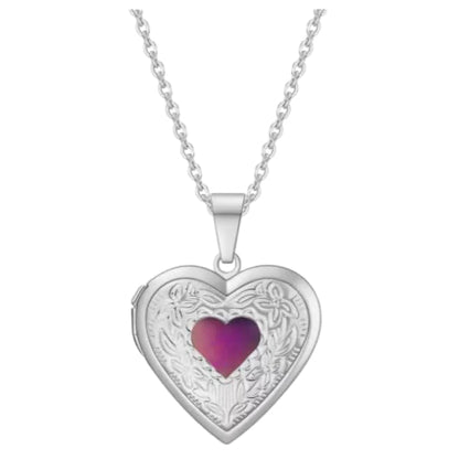 XAM Temperature‑Sensitive Color‑Changing Heart Locket Necklace, Engraved Floral Photo Locket Pendant, Dainty Romantic Jewelry Gift