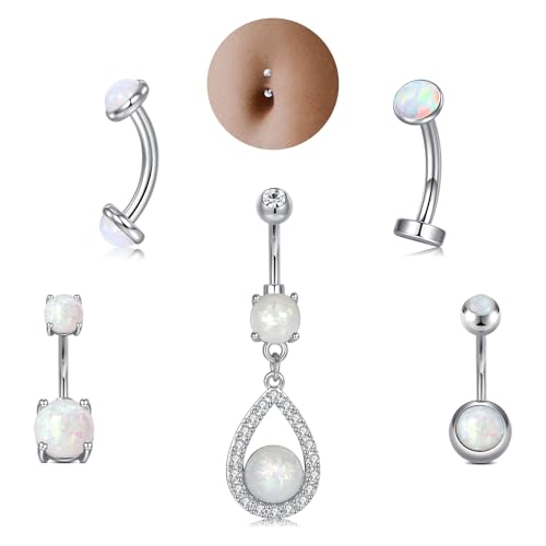MODRSA Gold Belly Button Ring Dangle Belly Rings Silver Pink Dangling Dangly Belly Button Piercing Hypoallergenic Surgical Steel Opal Butterfly Navel Rings for Women Cute Dainty Navel Jewelry - color: E2- Mix opal 5pcs - silver