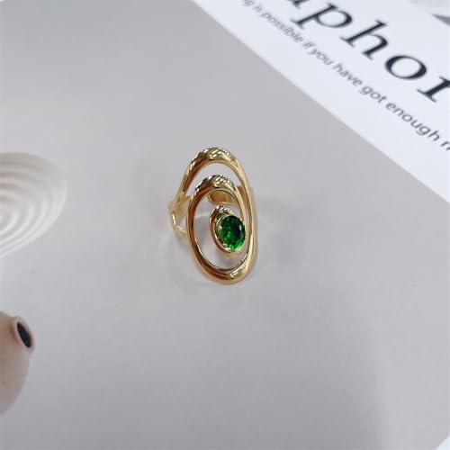 Vintage Green CZ Oval Statement Adjustable Open Rings for Women Stainless Steel Gold Plated Dainty Crystal Swirl Geometric Stackable Finger Band Rings Comfot Fit Fashion Trendy Jewelry