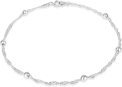 Savlano 925 Sterling Silver 9, 10 Inches Chain Anklet for Women Comes With a Gift Box - style: Singapore/Bead