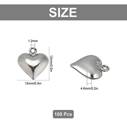 SUNNYCLUE 1 Box 100Pcs Heart Charms Hearts Stainless Steel Love Charm Bulk 3D Metal Beads Mother's Day Pendants for Jewelry Making DIY Gifts Bracelets Necklaces Crafts Supplies - color: 1 Box 100Pcs Stainless Steel 3D Heart Charms