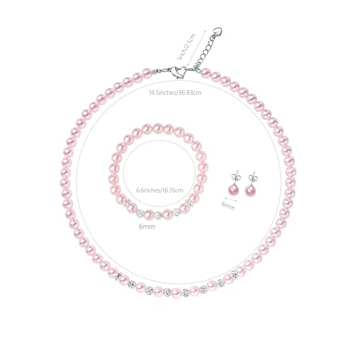 6mm Pearl Jewelry Set for Women & Girls, Necklace Bracelet Earrings | Sparkling Rhinestone Detail, Faux Pearl Set, Prom Gift - style: 14.5 inches pink