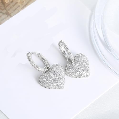 Dainty Full Cubic Zirconia Heart Dangle Small Hoop Earrings for Women Ladies Trendy Sweet Crystal Bling CZ Love Charm Drop Huggie Earring for Her Birthday Valentines Mother's Day Fine Jewelry Gifts - color: Silver-tone