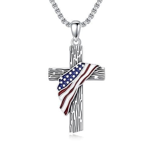 Cross Necklace for Men Women 925 Sterling Silver Cross Pendant Necklace Christian Religious Jewelry Gifts for Anniversary - color: 11-American Flag Cross-1