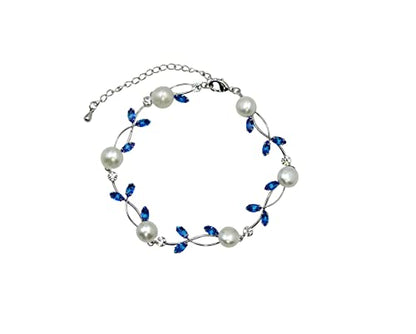 Faship Genuine Freshwater Pearls Floral Necklace Earrings Set | Premium CZ Crystal, Gorgeous, Sparkling - color: Blue / Matching Bracelet