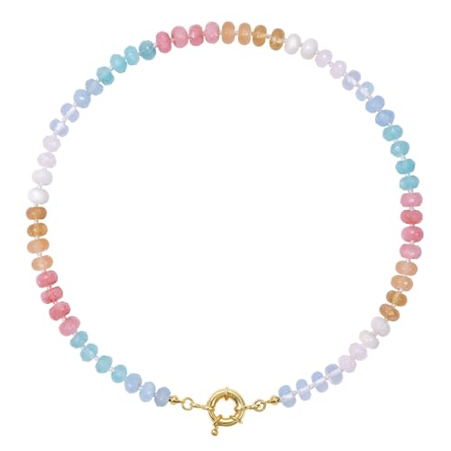 KissYan Beaded Gemstone Necklaces for Women | Colorful Bead Natural Stone Choker with 14K Gold Plated Spring Ring Clasp, Handmade Knot Jewelry for Summer Beach - color: V-Aura