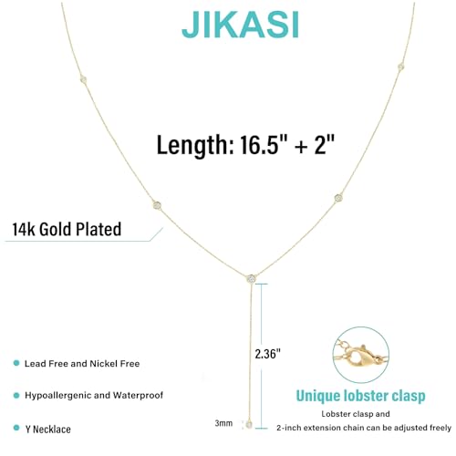Lariat Gold Necklaces for Women Trendy Dainty Long Necklace 14k Gold Plated/Silver Layered Drop Beaded Chain Necklaces Y-shaped Pendant Necklace Simple Gold Jewelry Gifts - color: 5 CZ-Gold
