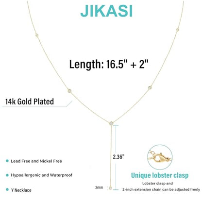Lariat Gold Necklaces for Women Trendy Dainty Long Necklace 14k Gold Plated/Silver Layered Drop Beaded Chain Necklaces Y-shaped Pendant Necklace Simple Gold Jewelry Gifts - color: 5 CZ-Gold