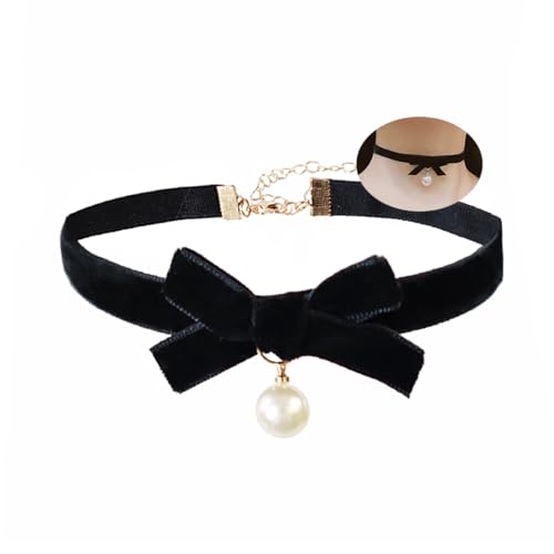 Bethynas Vintage Bow-knot Velvet Choker Necklace Sexy Bell Pearl Heart Pendant Suede Collar Christmas Halloween Party Neck Accessories for Women - color: Pearl-Black