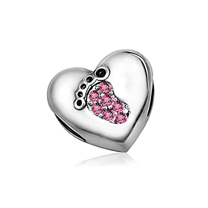 KunBead January-December Birthstone Footprint Heart Birthday Love Bead Charms Compatible with Pandora Bracelet for Mom Daughter Grandma Granddaughter - color: October