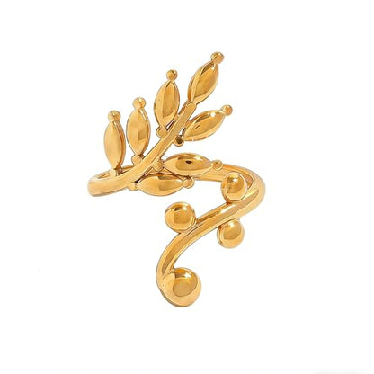 OIDIMS Leaf Statement Rings for Women Stainless Steel Gold-Tone Plated Adjustable Open Finger Band Fashion Plant Branch Leaves Wrap Thumb Ring Boho Stylish Daily Wear Holiday Fashion Jewelry - color: Gold-Tone