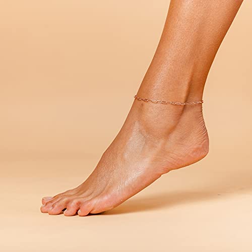 PAVOI 14K Gold Plated Chain Anklets for Women - Minimalist Link Chain Ankle Bracelet - Dainty Gold Anklets for Women - Trendy Summer Beach Jewelry Gifts - Snake, Figaro, Mariner, Paperclip, Beaded - style: Paperclip