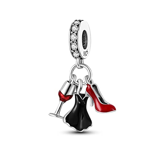 925 Sterling Silver Charm for Bracelet Necklace Women Dangle Pendant Beads | Love Faith Mom Ocean travel Butterfly Party Charm Beads Pendants DIY Jewelry Gift - color: Dress high heels wine glass pendant