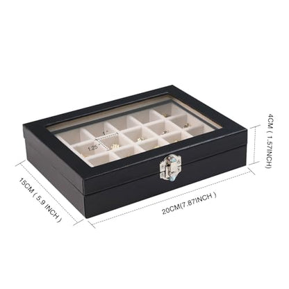 Wudygirl 24 Grid Earring Organizer Small Jewelry Box with Lid BlackBeige | Ring Box with Adjustable Dividers, Velvet Lining, Ideal for Rings, Earrings, Jewelry Display, Gift Giving - style: Black Beige 24 Grid