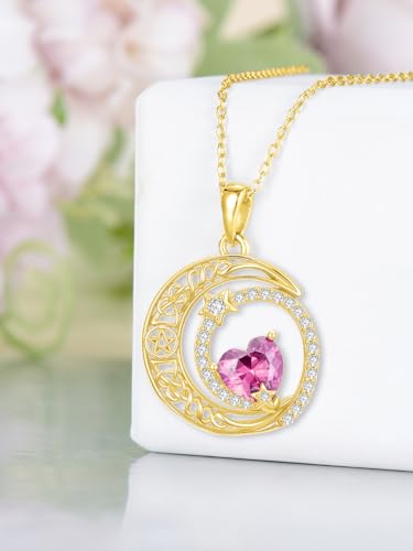 Midari 18K Yellow Gold Sun Moon Star Pendant Rose Flower Necklaces I Love You Forever Sun Moon Jewelry Gift for Mother Women - color: 10-Oct-Pink, style: Moon&Star