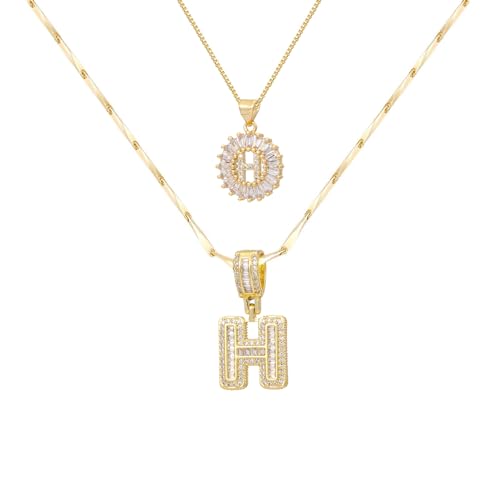 2PCS Initial Necklaces for Women, 14K Gold Plated Letter Pendant Set | Trendy Layered Bling Style, Meaningful Letter & Round CZ Pendant Design - color: Gold, style: Letter H