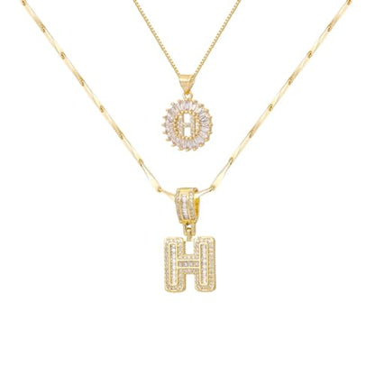 2PCS Initial Necklaces for Women, 14K Gold Plated Letter Pendant Set | Trendy Layered Bling Style, Meaningful Letter & Round CZ Pendant Design - color: Gold, style: Letter H