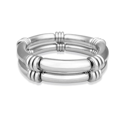 YBMYCM 5PCS Gold Chunky Bangles Bracelets for Women | 14k Gold Plated Stackable Layered Curved Bamboo Tube Stretch Bracelets Bangle Gift Jewelry - color: 2pcs Silver
