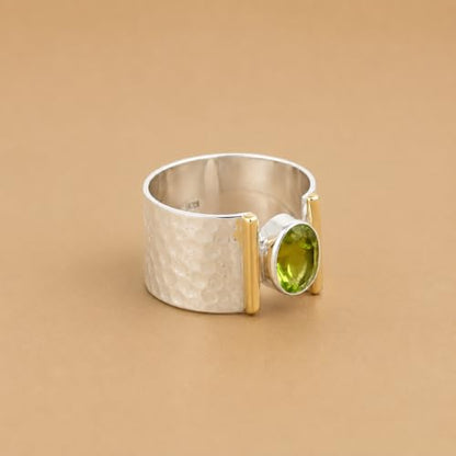925 Sterling Silver Peridot Ring, Hammered Wide Band Statement Jewelry, Two Tone Minimalist Gemstone Ring
