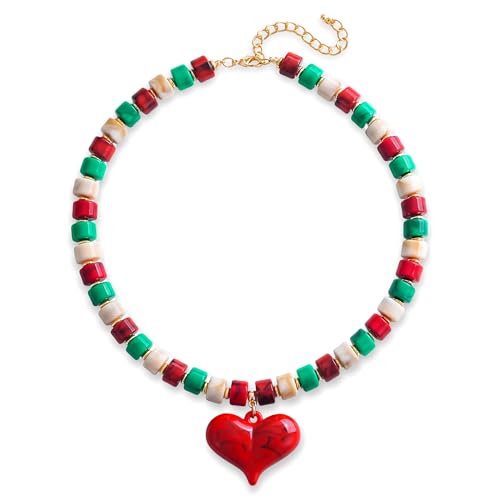 YUJIE Chunky Heart Pendant Necklace for Women- Exaggerated Statement Puff Heart Necklace with Acrylic Beaded Chain - color: christmas