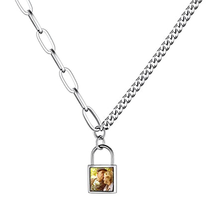 Custom4U Personalized Photo Necklace - Custom Heart/Oval/Round Charm Necklaces with Picture + Chain Adjustable - Stainless Steel/Acrylic Pendant Memorial Jewelry Christmas Gifts for Women - color: G-Silver Color