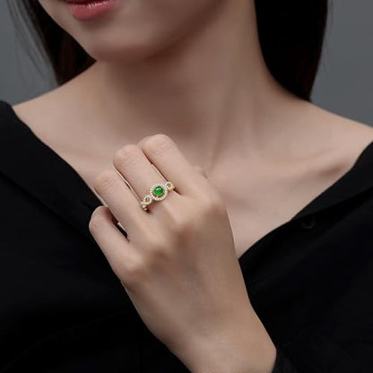 MRW Rings For Women Handmade Natura Green 925 Sterling Silver Gold Plated Zircon Ring Jewelry For Women - color: NATURAL JADE（Circular Design）