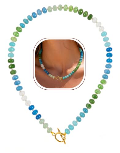Beaded Necklaces for Women, Boho Colorful Bead Choker Necklace | Natural Gemstones, Summer Beach Jewelry, 18K Gold Plated, Handmade, Gift for Her,Charm Necklace - color: Blue&Green