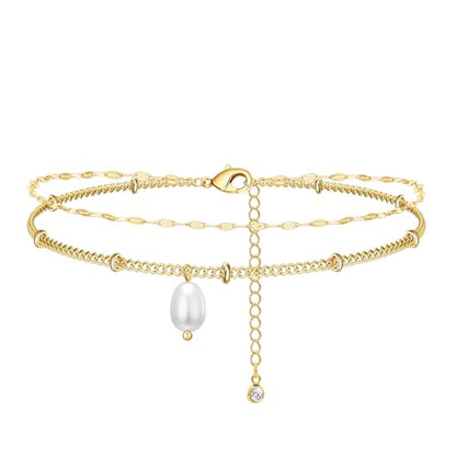 NIXMAX Gold Anklets for Women, Waterproof Chain Trendy Ankle Bracelets | Non Tarnish, Adjustable Fit, 14K Gold Plated, Dainty Layered Looks, Summer Beach Vacation Body Jewelry, Gifts for Women - color: Gold-Pearl