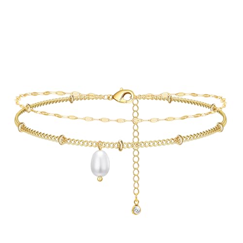 NIXMAX Gold Anklets for Women, Waterproof Chain Trendy Ankle Bracelets | Non Tarnish, Adjustable Fit, 14K Gold Plated, Dainty Layered Looks, Summer Beach Vacation Body Jewelry, Gifts for Women - color: Gold-Pearl