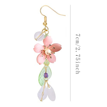 NEWITIN 4 Pieces Flower Jewelry Set for Women Fashion Costume Jewels Pink Flower Dangle Earrings Necklace Floral Beads Bracelet Gold Jewelry Set for Women - color: Pink Flower Earrings Set
