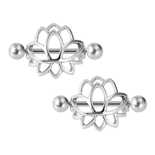14G Stainless Steel Lotus Nipple Rings for Women Silver Black Colorful Flower Floral Nipple Shield Ring Straight Bar Nipplerings Nipple Barbell Body Piercing Jewelry - color: Silver