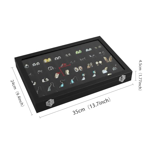 Wudygirl Earring Organizer Leather Jewelry Tray with Lid 13.7"x9.4" Black | 40 Grid Jewelry Organizer with Velvet Liner, Ideal for Jewelry Storage, Dresser Drawer or Gift, Dustproof Design - style: 40 Grid Tray