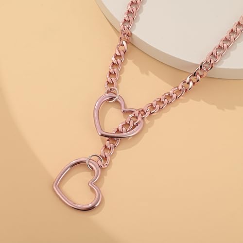 MIFYNN Heart O ring Slip Chain Necklaces for Women Stainless Steel Cuban Chain Bar Necklace Punk Rock Collar Necklace Handmade Adjustable Lariat Y Necklaces for Men - color: Pink