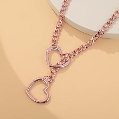 MIFYNN Heart O ring Slip Chain Necklaces for Women Stainless Steel Cuban Chain Bar Necklace Punk Rock Collar Necklace Handmade Adjustable Lariat Y Necklaces for Men - color: Pink