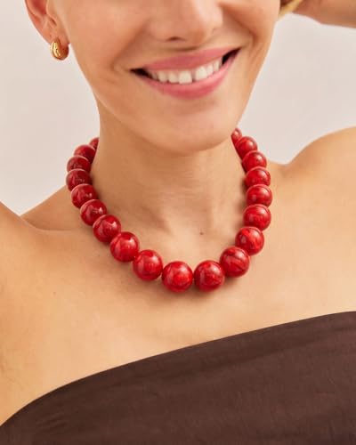 Chunky Beaded Choker Necklace for Women Boho Statement Necklace with Large Pearl Blue Brown Tone Resin Beads Summer Beach Jewelry Gifts - color: Red