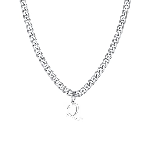 Stainless Steel Initial A-Z Necklace for Men Women,Cuban Chain,Titanium Steel Initial Letter Pendant Charm Necklaces Accessories Jewelry for Woman Man,21 Inch Chain - color: Q