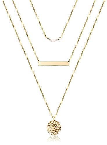 ASCOMY Layered Necklaces for Women Dainty Gold Necklace 14K Gold Plated Herringbone Necklace for Women Pearl Cross Necklace Paperclip Cuban Figaro Rope Satellite Chain Gold Choker Trendy Jewelry Gift - style: 3Layered Bar Pearl Hammered-GD
