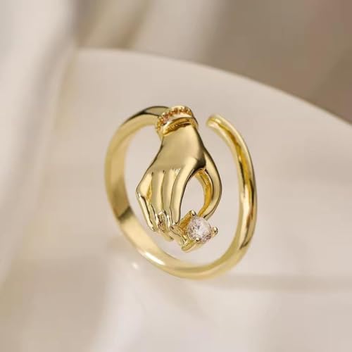 Trendy CZ Hand Open Rings for Women Unique Design Cubic Zirconia Crystal Dainty Adjustable Finger Comfort Fit Eternity Ring Promise Love Friendship Wedding Band Charm Jewelry for Her Girlfriend - color: Gold