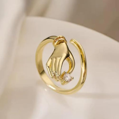 Trendy CZ Hand Open Rings for Women Unique Design Cubic Zirconia Crystal Dainty Adjustable Finger Comfort Fit Eternity Ring Promise Love Friendship Wedding Band Charm Jewelry for Her Girlfriend - color: Gold