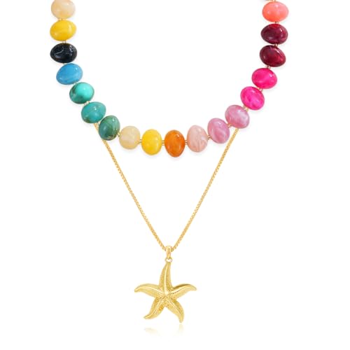 YUJIE Chunky Heart Pendant Necklace for Women- Exaggerated Statement Puff Heart Necklace with Acrylic Beaded Chain - color: B-Multi colour-starfish
