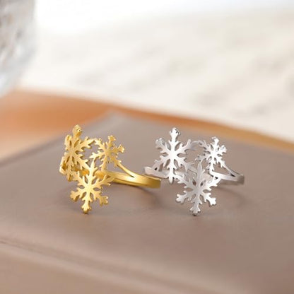 OIDIMS Xmas Snowflake Ring for Women Elegant Winter Flower Adjustable Open Band Rings Hypoallergenic Stainless Steel Christmas Holiday Wedding Engagement Prom Jewelry for Her Stocking Stuffer - color: Silver