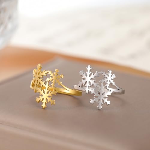 OIDIMS Xmas Snowflake Ring for Women Elegant Winter Flower Adjustable Open Band Rings Hypoallergenic Stainless Steel Christmas Holiday Wedding Engagement Prom Jewelry for Her Stocking Stuffer - color: Gold