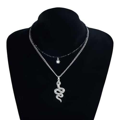 Snake Necklace for Women, Gothic Layered Chain with Star & Black Beads, Silver Tone Vintage Punk Choker for Daily & Party Wear