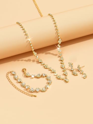 Wedding Jewelry Sets for Brides Rhinestone Necklace and Earring Set Bracelet Ring Gold Silver Prom Jewelry Sets Diamond Flower Teardrop Necklace for Women - color: Style1-Gold-4pcs