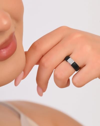Rinfit Silicone Ring with Metal Plate & CZ for Women | AAAAA Grade Cubic Zirconia Stones, Flexible Rubber Wedding Band, Comfortable Fit, Engagement Ring for Her, Patented Design - color: Pack A: Black and Silver