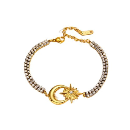 CTRLZTEAM 14K 18K Gold Plated Layered Bracelets for Women Stacked Bracelet | 14K 18K gold plated multi layer bracelets combine distinct chains with single clasp for instant pre-stacked style - style: Celestial Sun and Moon Double Row Zirconia