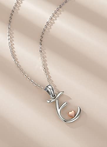 CELESTIA 925 Sterling Silver Initial Necklaces 26 Letter with Rose Gold Heart - 18 Inch Chain - color: E-Initial